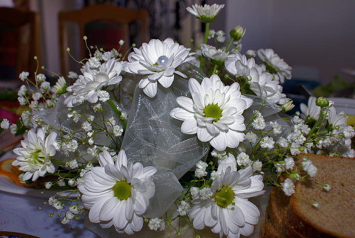 fehér virágok, csokor, virágok téma, dekoráció, fehér daisy, virágok úrvacsora, úrvacsora dekoráció