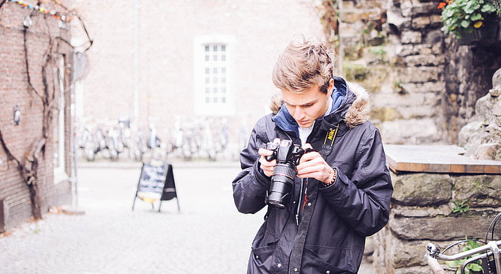 analogue, camera, city, street, vintage, one person, one man only