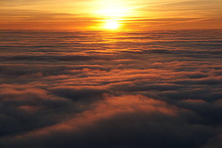 雾, 海湾, 的里雅斯特, 日落, 太阳, 黄色, 红色