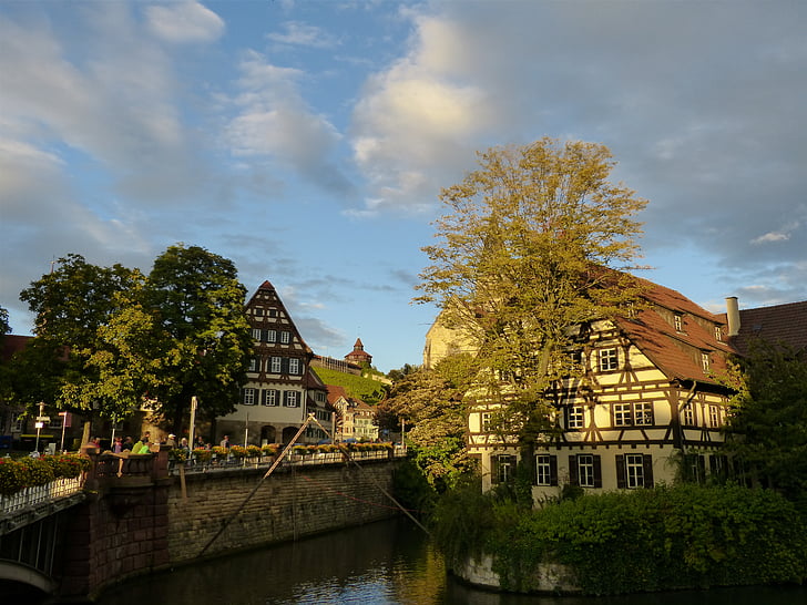 Esslingen, óváros, rácsos, Lakások, fachwerkhaus, építészet, folyó