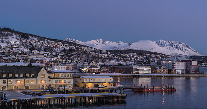 Норвегия, крайбрежие, Тромсо, архитектура, планински, сняг, Скандинавия