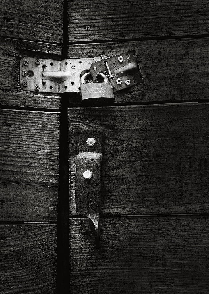 black and white, castle, structure, old, padlock, wood, door