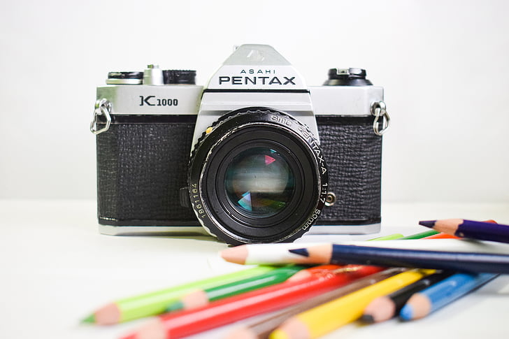 kamero, objektiv, fotografije, Pentax, barva, svinčnik, umetnost