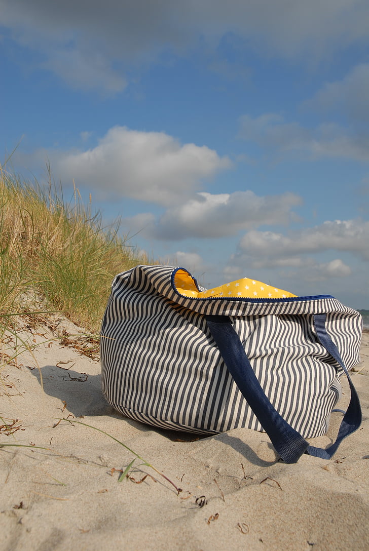 beach bag, baltic sea, denmark, beach, bag, marram grass, sea