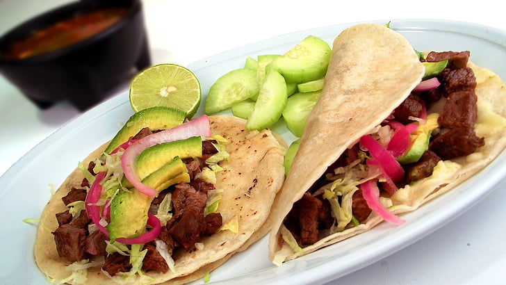 Tacos, Meksykańska, Carne asada, jedzenie, Płyta, posiłek, kuchnia
