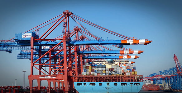 portalkran i behållaren, behållare, containerhantering, hamn, Cargo, Hamburgs hamn, fraktfartyg