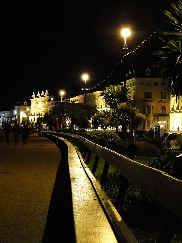 noc, Promenade, svetlo, Wales, historicky, lavičke v parku, večer