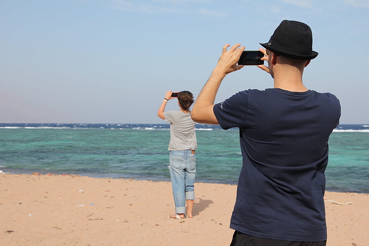 fotograf, iPhone, fotografija, plaža, koji se kreće telefon, fotografije, more