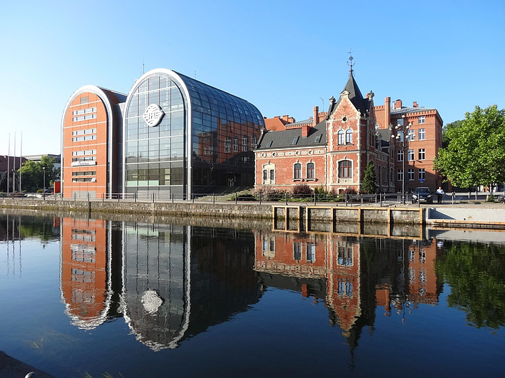 Bydgoszcz, passeig marítim, riu, edifici, arquitectura, reflexió, Polònia