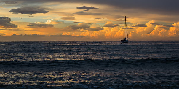 sunset, sea, horizon, landscape, boat on the sea, boats, sky