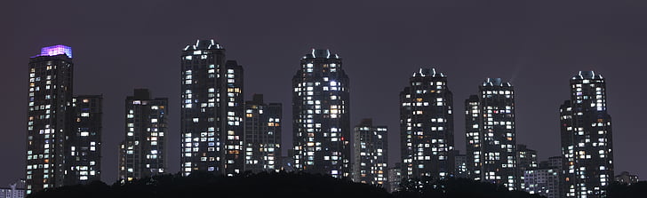 Panorama, noční zobrazení, noční obloha, moderní, světlo, noční, mrakodrap