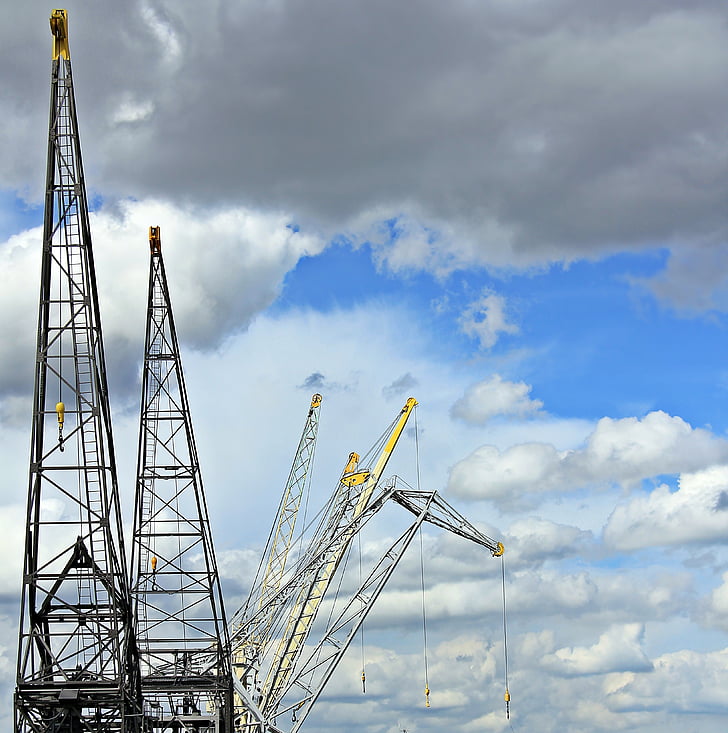 harbour cranes, sky, clouds, blue sky, industry, port, cranes