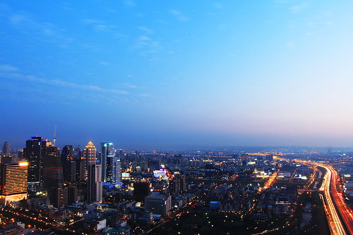 Metropolitan, Taichung city, schemering, stadsgezicht, stad, wolkenkrabber, het platform