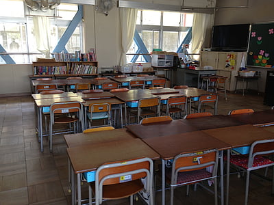 Japán, osztályteremben, iskola, oktatás, táblázat, beltéri, szék