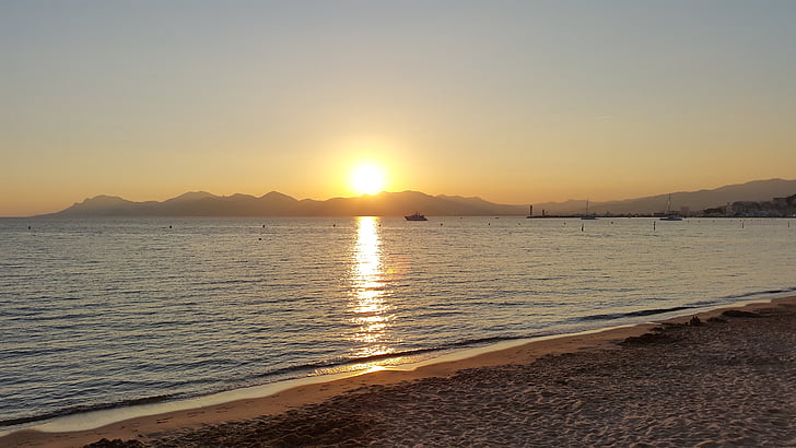 Plaża, zachód słońca, Cannes