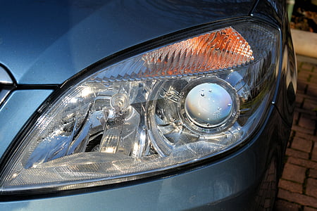 car headlights, spotlight, front headlight, main beam headlamps, car lamp, skoda, modern