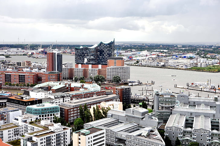 Landungsbrücken, Hamburg, Michel, hamn, staden, Visa, arkitektur