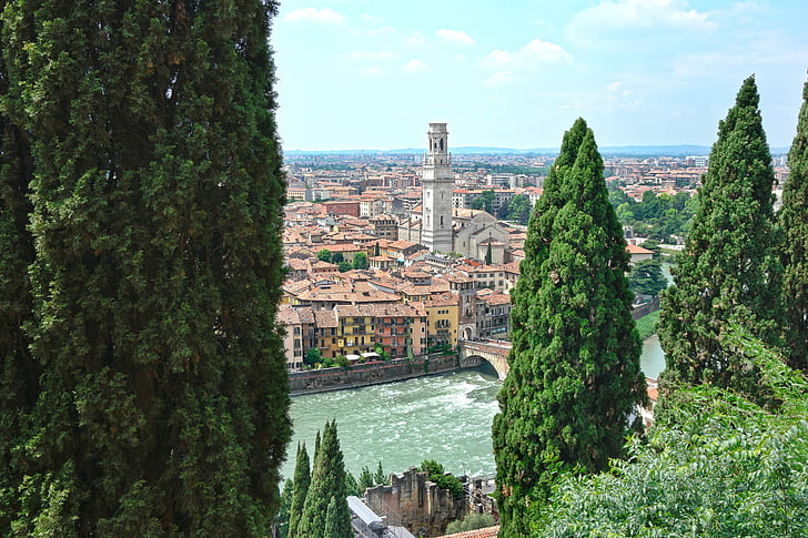 Verona, landskap, Visa, Castel san pietro, popplar, Adige, Duomo