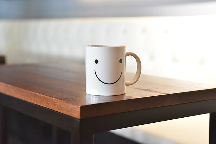 笑顔, カップ, コーヒー, テーブル, かわいい, 朝, コーヒー カップ