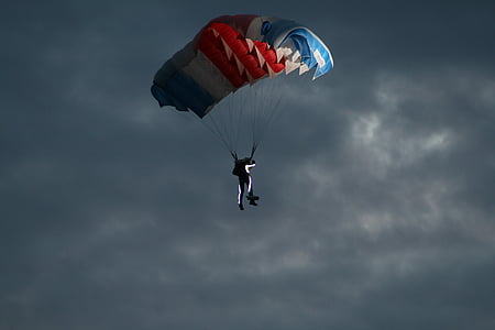 parachute, parachutist, skydiving, float, sky, blue, glide