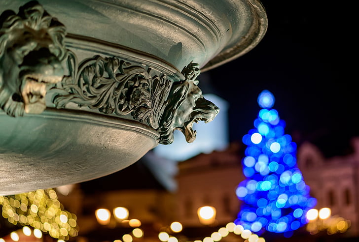 bokeh, Vánoční dekorace, světle modrá, žlutá, Vánoční strom, socha