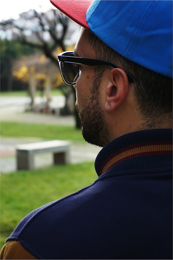 man, male, back view, young, profile man, cap, glasses