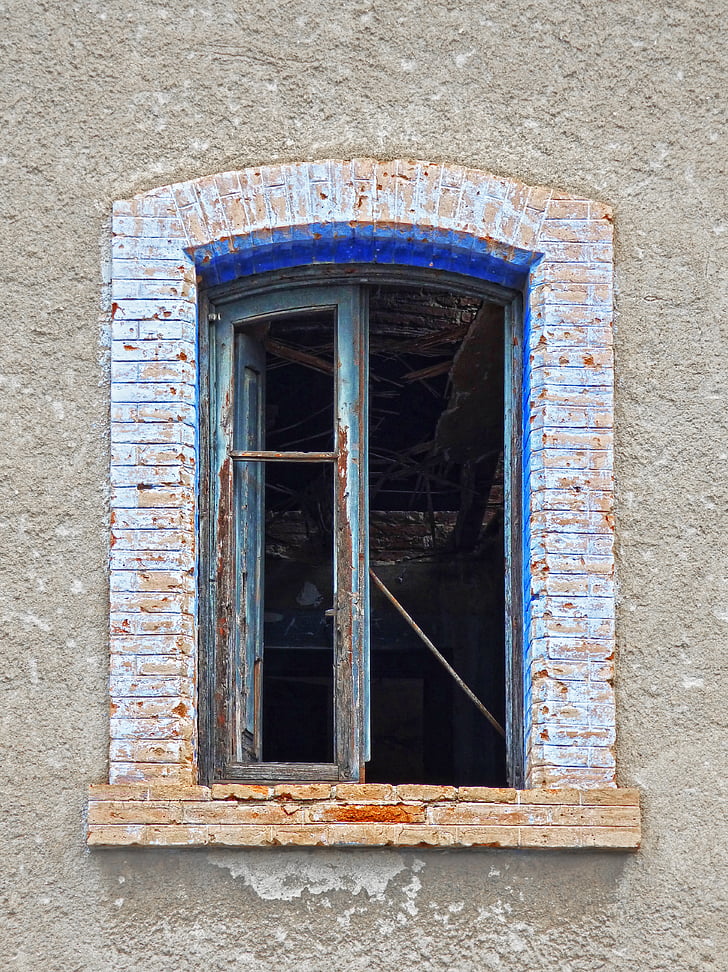 pencere, eski, terk edilmiş, mavi, kırık pencere, harabe, mimari
