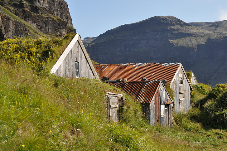 Izland, torfhaus, füves tető, Kunyhó, épület, hegyi, természet