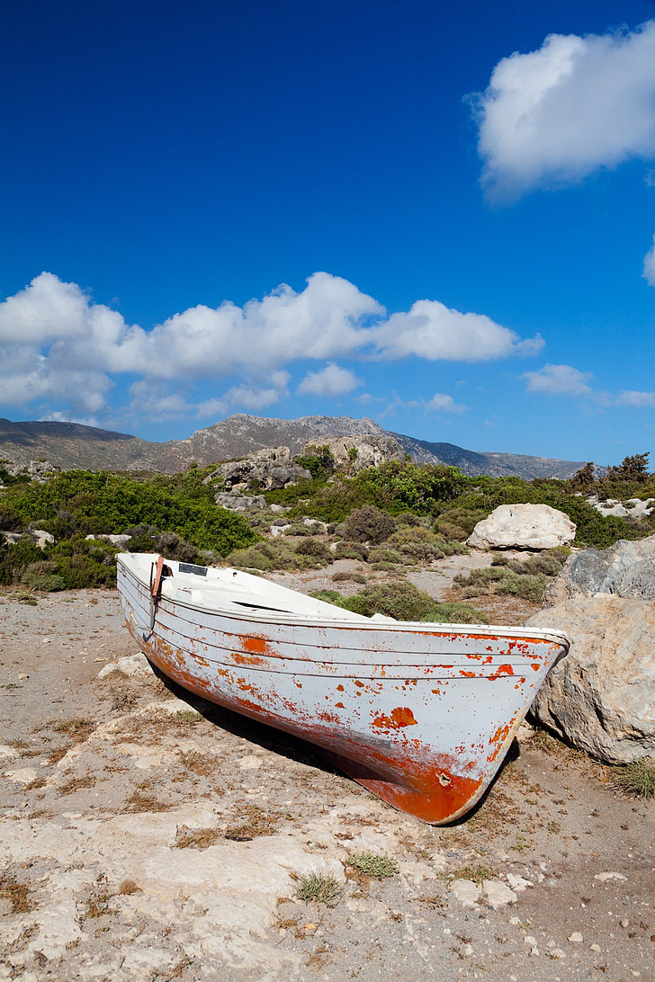 boat, dry, land, landscape, old, wooden, environment