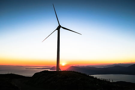 dawn, dusk, landscape, silhouette, sunset, wind turbine, windmill