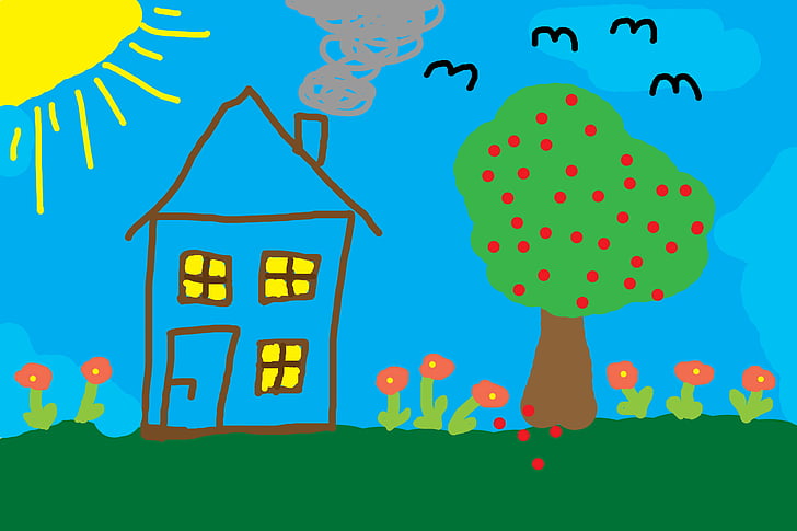 anak-anak Menggambar, rumah, pohon, padang rumput, warna-warni, ilustrasi, vektor