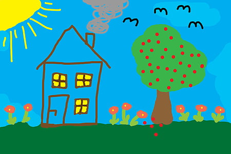 barn rita, hem, träd, äng, färgglada, illustration, vektor