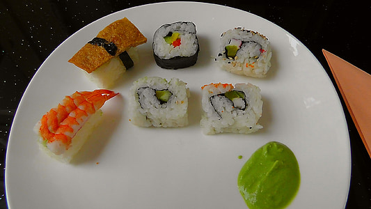 sushi, food, fish, japanese, plate, eat, cover
