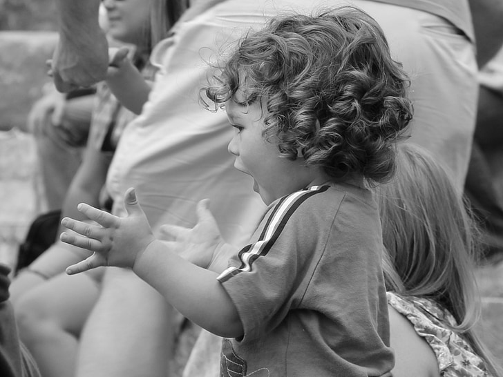 happy, kid, clapping, hands, black and white, music, people
