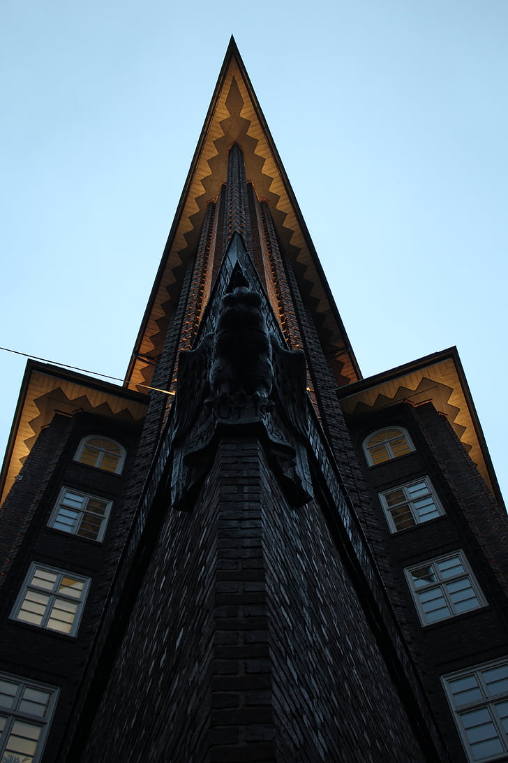 Hamburg, épület, nagyszerű, építészet, Chile-ház, felhőkarcoló, alacsony, szög, kilátás