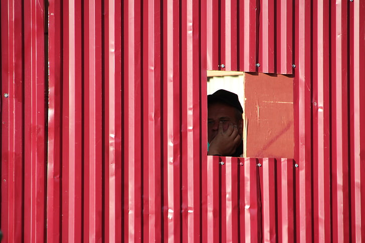 construction workers, construction fence, window, privacy, red