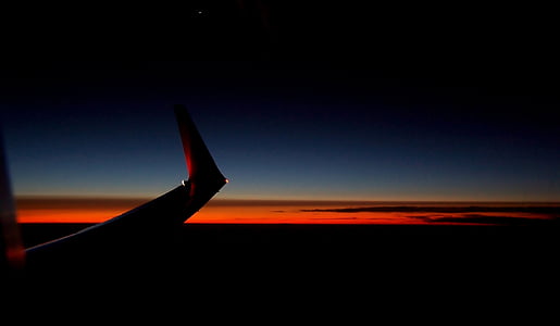 volo, aeromobili, volare, cielo, notte, ala di velivolo, cielo notturno