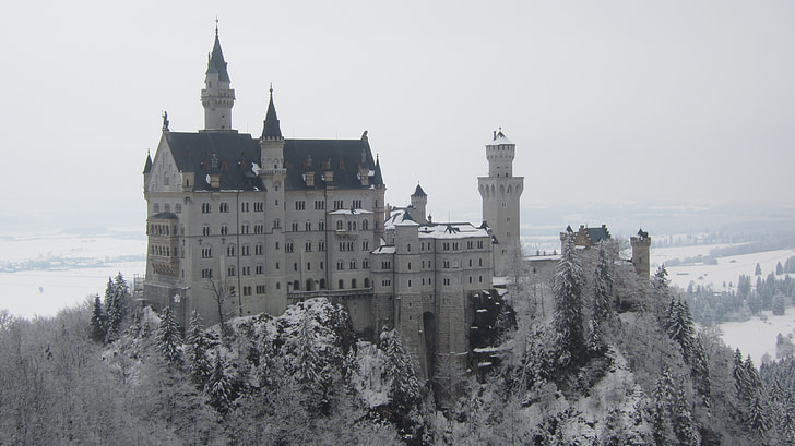 Neuschwanstein, hrad, Německo, Tirol, Zimní, Architektura, budova