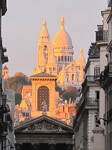 Monmartr, zalazak sunca, Pariz, Francuska, arhitektura, reper, nebo