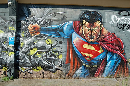 superman, graffiti, wall, art, mural, painting, public
