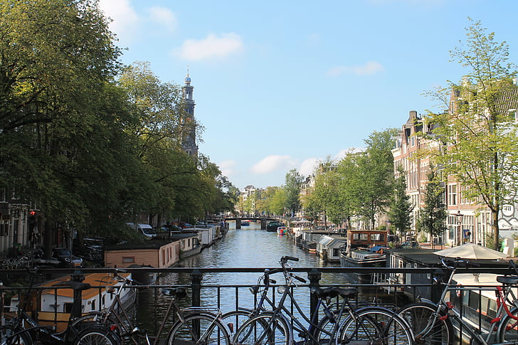 dviratis, dviračiai, Amsterdamas, atostogų, kelionės, kanalas, kanalų