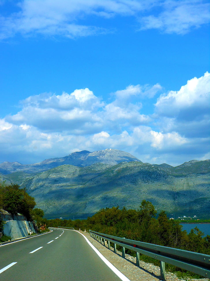 road, mountain, albania, sky, clouds