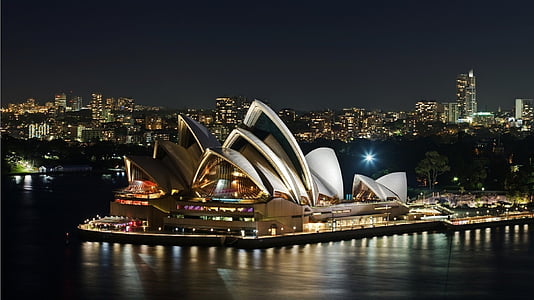 sydney opera house, night, harbor, city, landmark, water, architecture