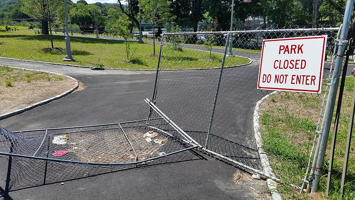 park, closed, sign, gate, defiant, rules, breaking rules