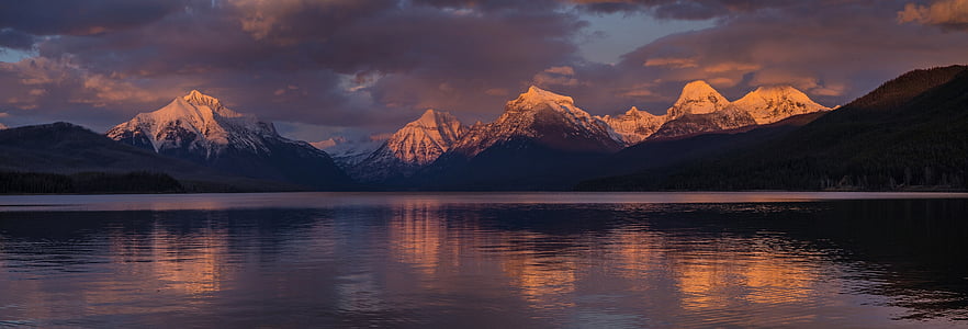 Sunset, landskab, naturskønne, natur, søen mcdonald, Glacier nationalpark, Montana
