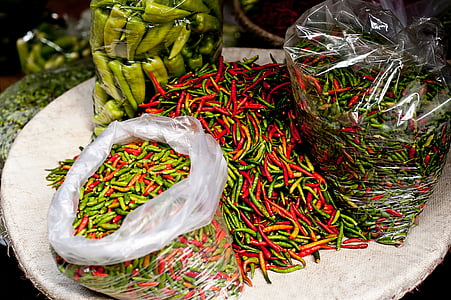 Chile, especias, pimienta, verde, rojo, granja, jardín