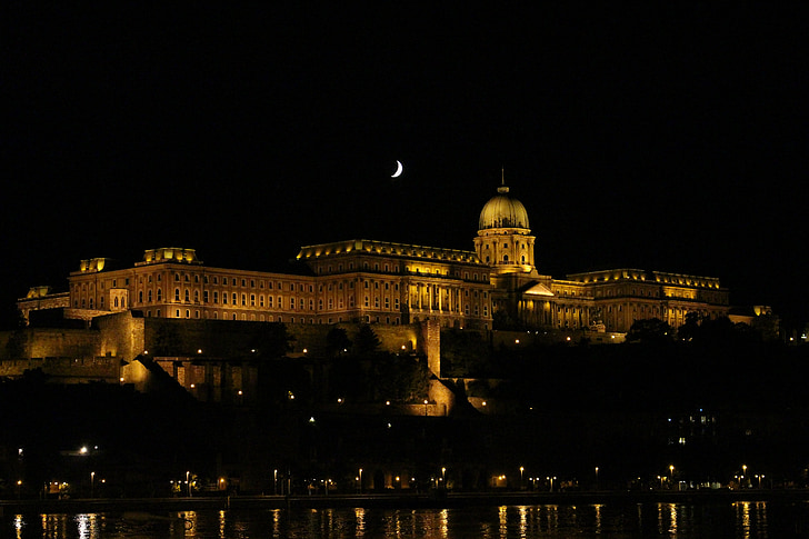 Budapešta, naktī, pils, Ungārija, gaismas, mēness