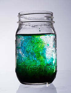 vidre, flascó, resum, l'aigua, colorant alimentari, remolí, blau