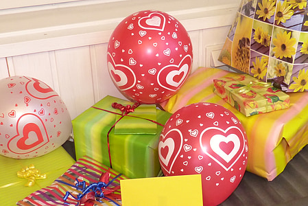 birthday gifts, gift table, balloon, birthday present, present, gift package