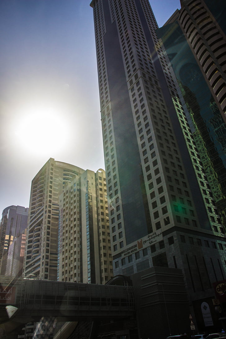 Debesskrāpis, debesskrāpju, siluets, Dubai, lielās pilsētas, logs, stikls